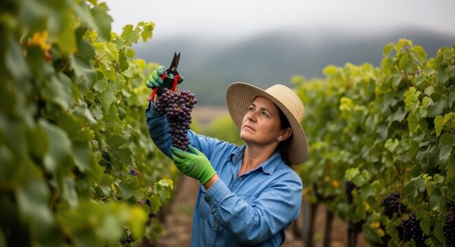 Hispanic female farmer harvesting grapes in vineyard with pruning shears on misty day - Powered by Adobe