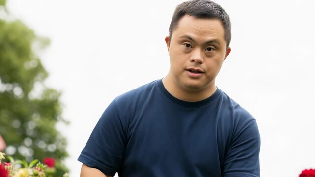 Man with Down syndrome cares for flowers in community garden during sunny afternoon