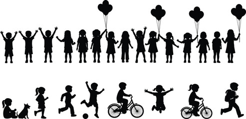 PrintSilhouettes of children playing, celebrating, and riding bicycles in joyful outdoor activities for family, childhood, happiness, and recreational lifestyle vector illustration