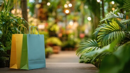 Brightly colored shopping bags stand on a wooden pathway surrounded by lush greenery in an indoor garden. The atmosphere is tranquil with soft lighting enhancing the natural beauty