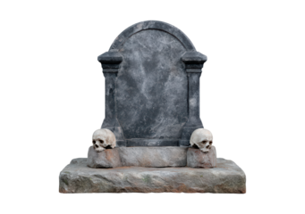 Ancient stone gravestone with dual skull ornaments on weathered base on transparent background, PNG