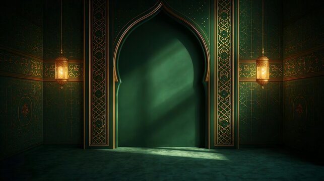 Elegant Islamic background with green velvet mihrab arch, golden outline, and glowing lanterns