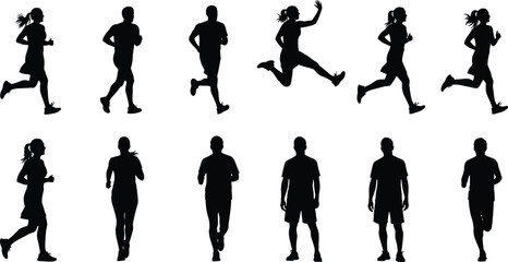 PrintSilhouettes of Men and Women Running, Walking, and Jogging in Various Poses for Fitness, Sports, Exercise, Health, Training, and Active Lifestyle