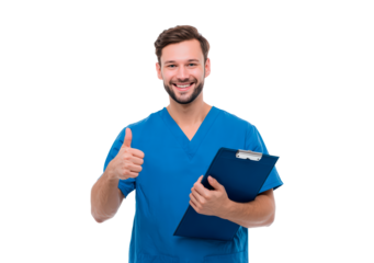 Man nurse smiling and holding clipboard with thumbs up gesture on transparent background, PNG