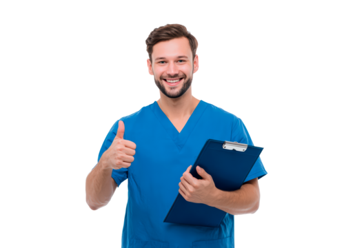Man nurse smiling and holding clipboard with thumbs up gesture on transparent background, PNG