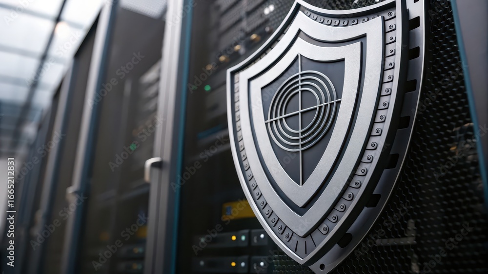 Aufkleber zero trust security high-tech server room featuring a security shield emblem for data protection.