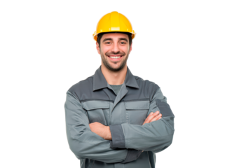 Smiling man construction worker in uniform with yellow hard hat