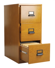 Wooden filing cabinet with open drawer isolated on a transparent background