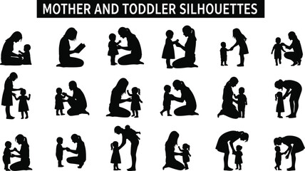 PrintSilhouettes of mothers interacting with toddlers in various poses for parenting, family bonding, nurturing care, and childcare concept vector illustration