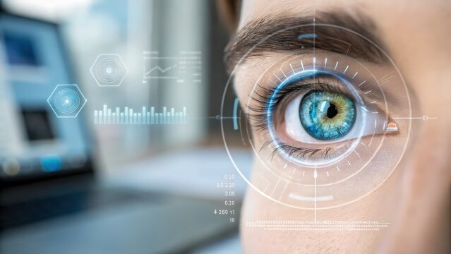 zero trust security Eye with digital interfaces and data analytics, representing technology and innovation.
