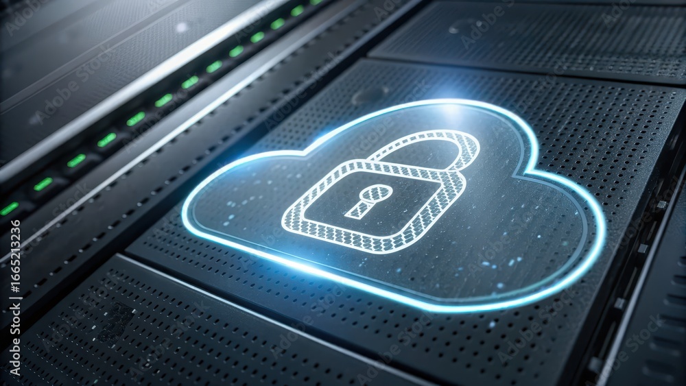 Poster zero trust security digital cloud security concept featuring a padlock symbol on a sleek surface.