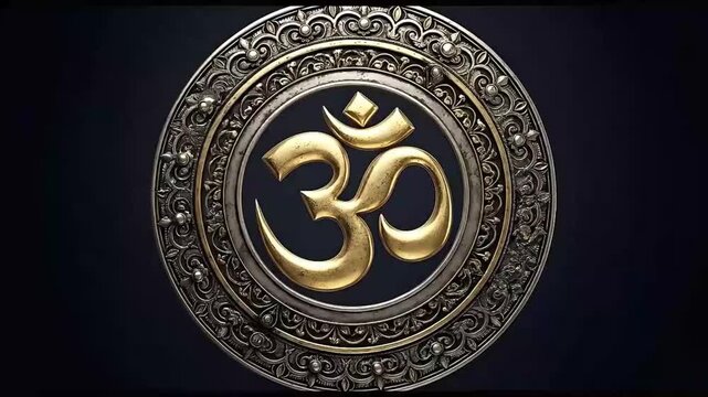 Close-up of a golden Ganesha symbol on an ornate metal plate against a dark background.