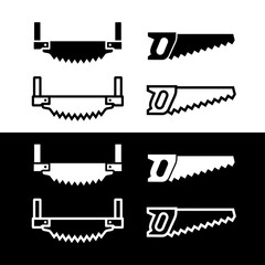 Hand saw and two-handed saw icon set. Construction tool. Attribute of a carpenter or sawmill. Designation of work or division into parts. Symbol of a construction site or a foreman. Raster icon.
