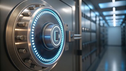 zero trust security Close-up of a vault door in a secure facility, emphasizing high-tech security features.