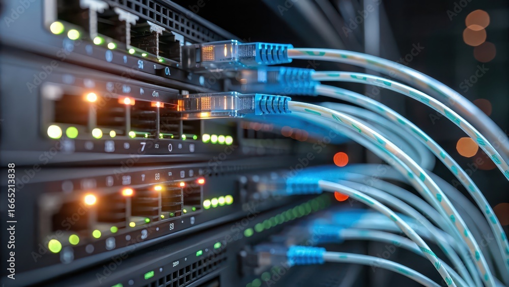 Aufkleber zero trust security network cables connected to servers with illuminated indicators, showcasing a mo