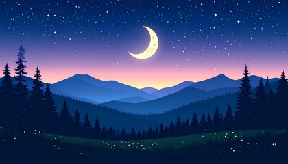 Fototapeta premium Night mountains with crescent moon, and stars.