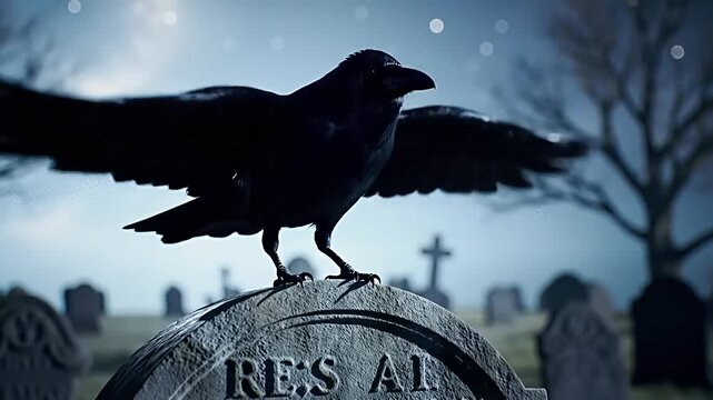 A silhouetted black crow perches on an old tombstone in a spooky graveyard at night under a dark, starry sky.