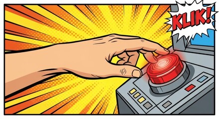 Comic Hand Pressing Red Button with "Klik!" Text.
