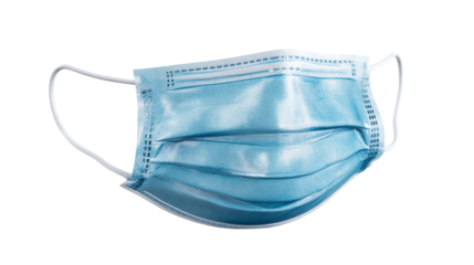 Disposable blue medical face mask with ear loops against white background