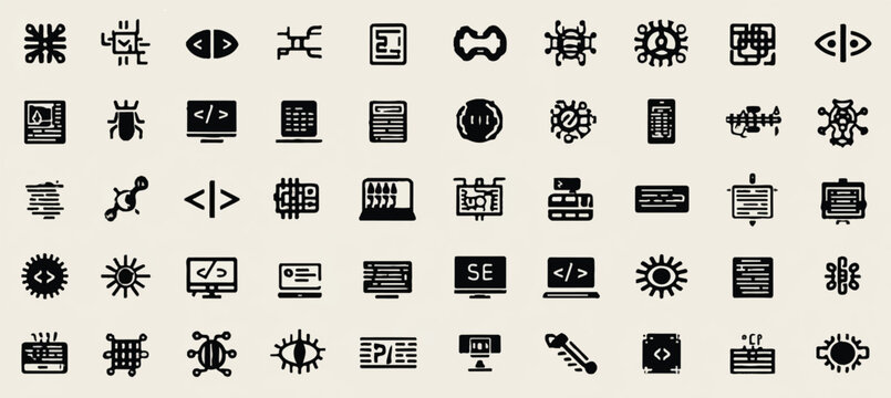 Collection of Software Development and Technological Icons Representing Coding and Computer Science Concepts with Simple Black and White Design
