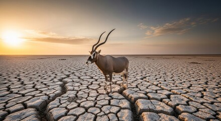 Solitary Oryx Gazella Stands on Cracked Earth at Sunset