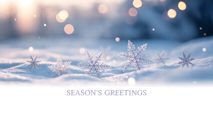 Magical winter wonderland with sparkling snowflakes in fresh snow, perfect for holiday greetings and festive designs