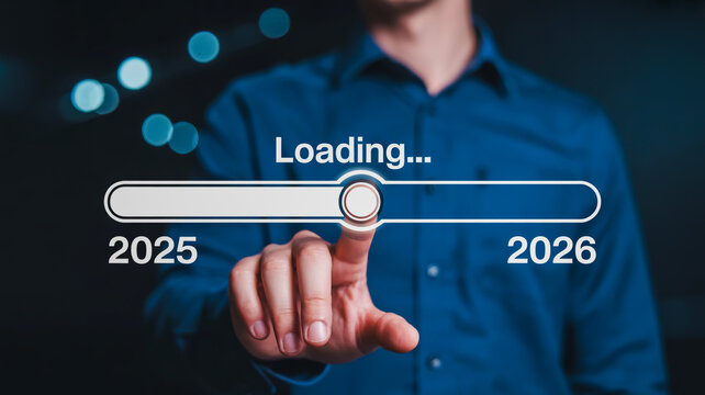 Man s finger presses loading bar transitioning from 2025 to 2026 with blurry lights in background