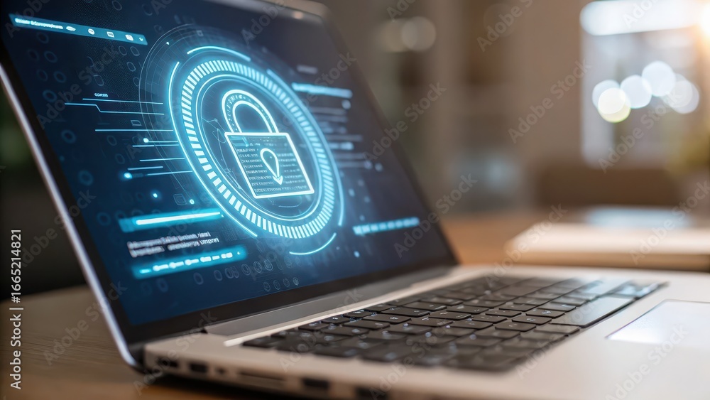 Aufkleber zero trust security laptop displaying digital security graphics, emphasizing cybersecurity technolog