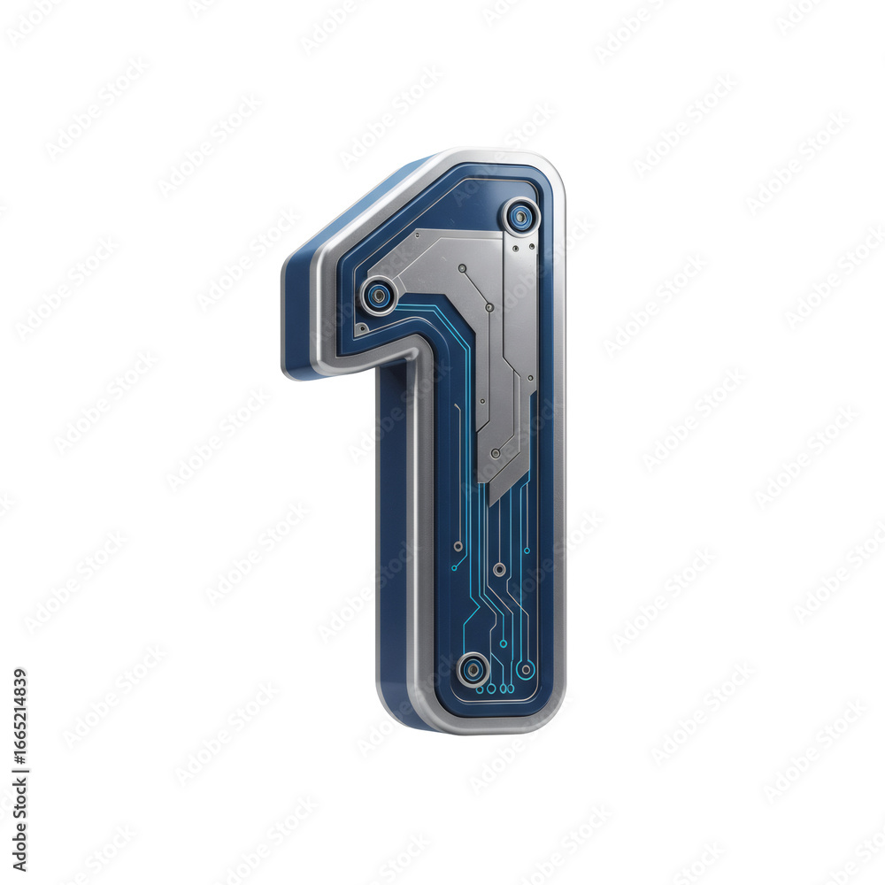 Fototapete 3d render of metallic number one with circuit board design