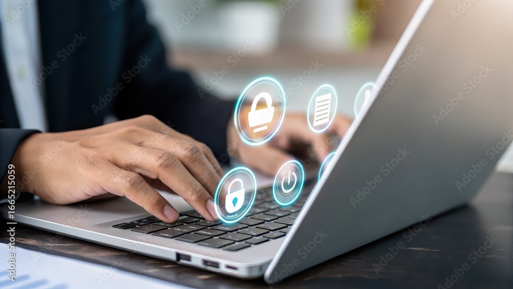Aufkleber zero trust security a person using a laptop with security icons, emphasizing digital technology and 