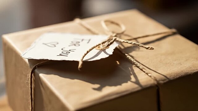 Tanned gift box tied with string, topped with a "For You" tag and heart