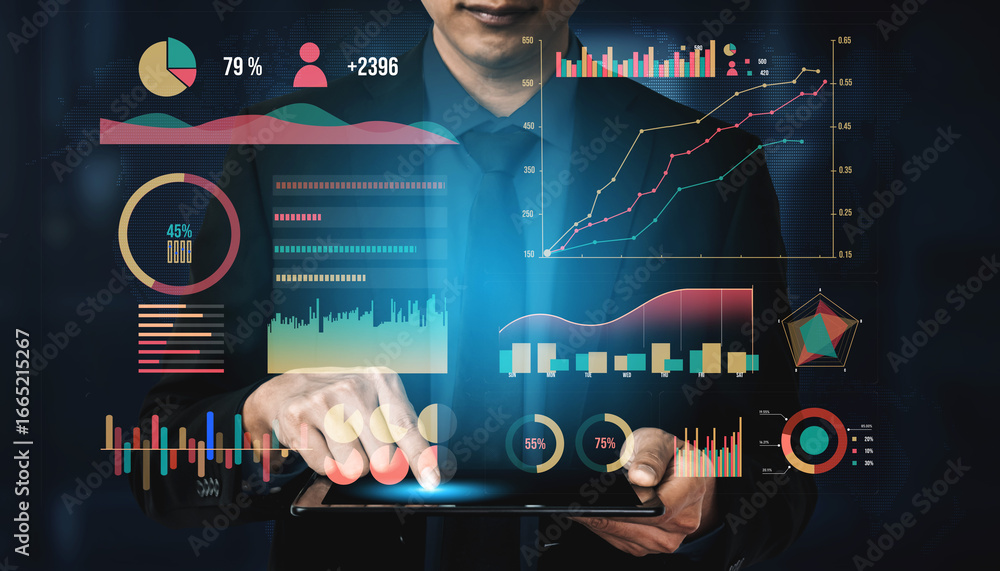 Poster a businessman engages with a digital tablet displaying vibrant data visualization charts and graphs,