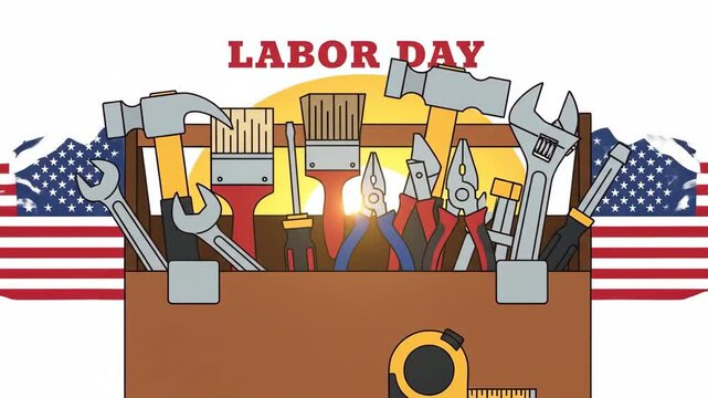 Labor Day celebration with tools and American flag, perfect for construction, DIY, and home improvement projects