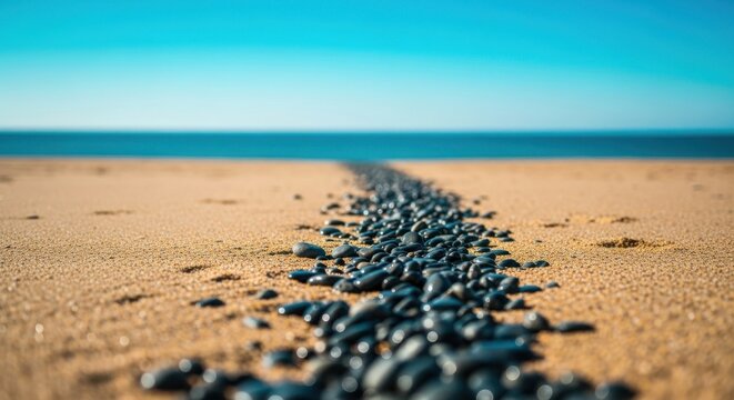 Path of dark pebbles leading to the calm ocean horizon under a clear blue sky