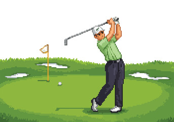Pixel art of golfer teeing off on the green; flag in background