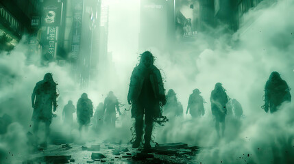 A dark, eerie group of mysterious figures shrouded in mist walks through a foggy urban street, creating a chilling and apocalyptic atmosphere.