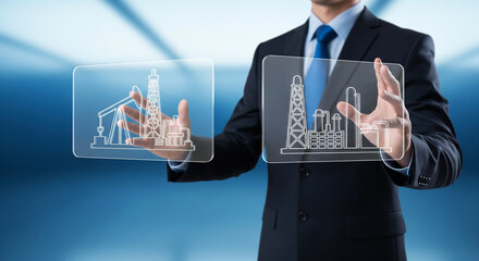 Businessman presenting oil rig and refinery icons for petroleum engineering. Energy Production, Oil & Gas Technology Concept.