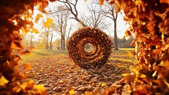 Autumn leaves swirl in two concentric circles on a leaf-strewn forest floor