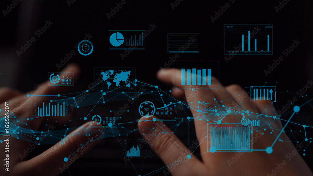 Poster hands interact with dynamic digital data displays, showcasing growth charts and analytics. perfect f