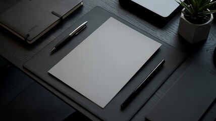 Modern desk setup with blank paper and pens office