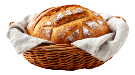 Golden crust rustic loaf of bread in a woven basket with linen cloth