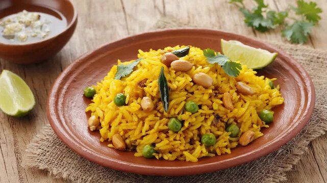 poha indian recipe on a warm background traditional food video