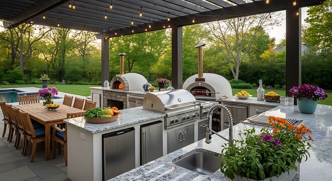 Outdoor Kitchen with Pizza Ovens and Grill.