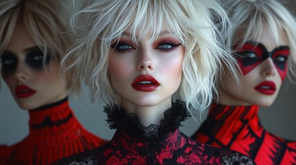 Three mannequins with red and black makeup and red lipstick sale discount concept