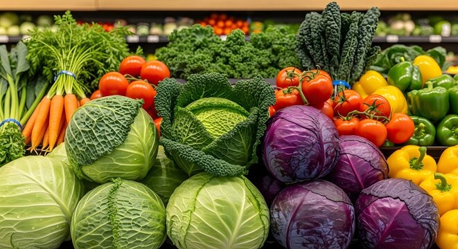 Abundant variety of fresh vegetables including cabbagesand fruits displayed at a market stall