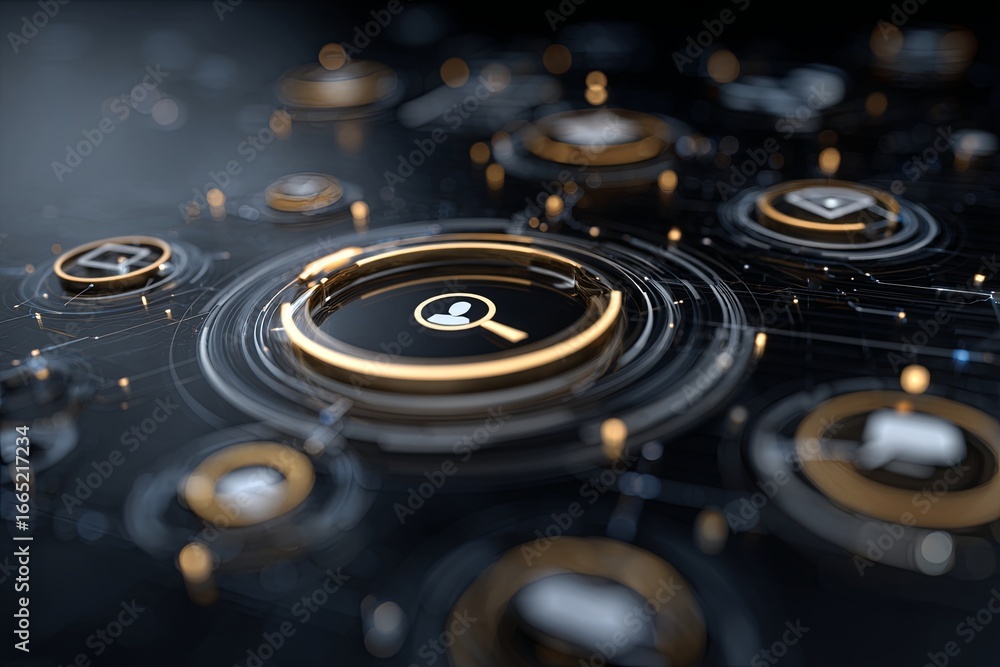 Fototapete Digital Network Concept with Magnifying Glass Focusing on Individual Icon Surrounded by Data Circles and Nodes for Technology Themes