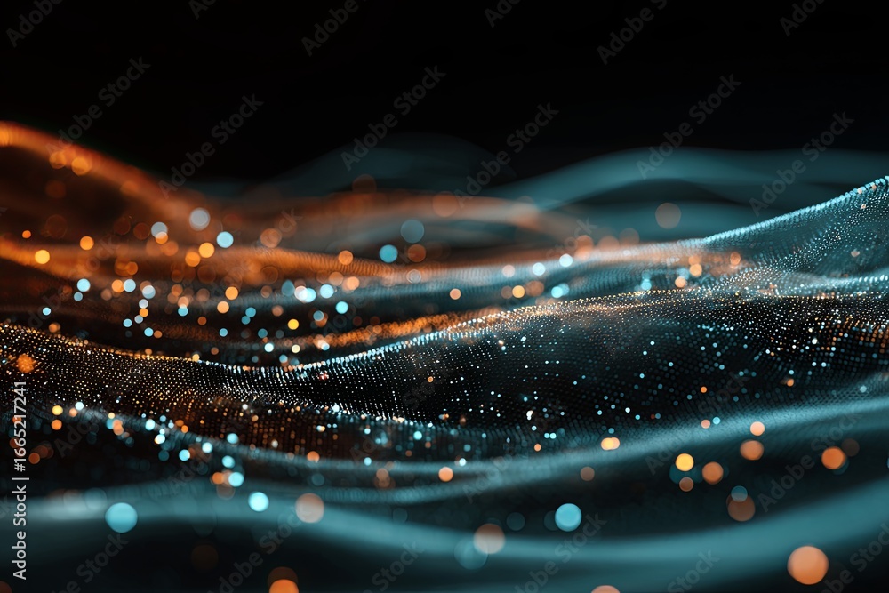 Fototapete abstract digital waves with glowing particles in a dark background creating a sense of depth and mot