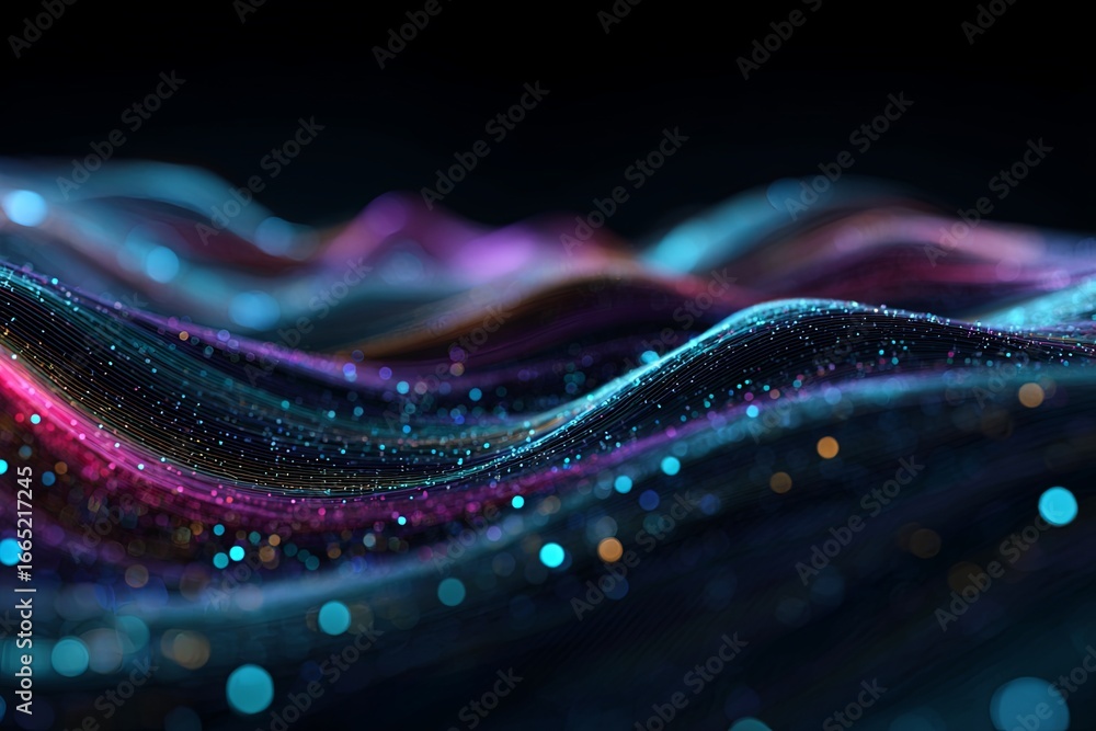 Aufkleber colorful abstract digital waves pattern with glowing particles flowing over surface in dark backgrou