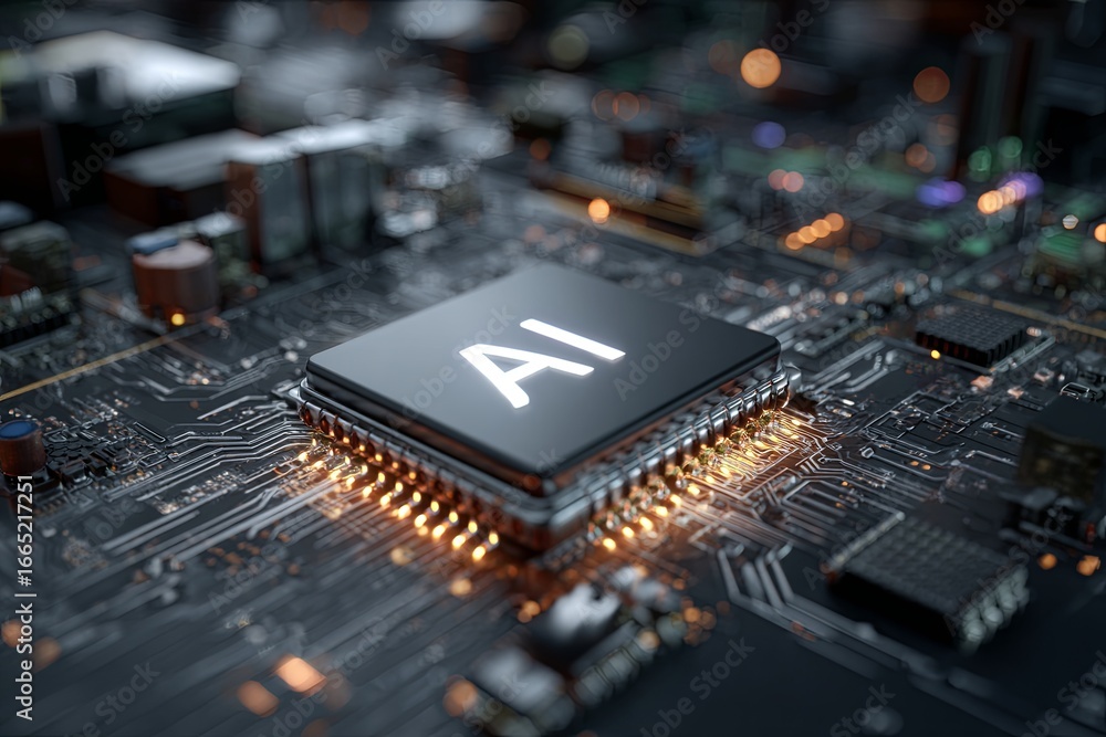 Poster futuristic ai chip on digital circuit board showcasing advanced technology and interconnected compon