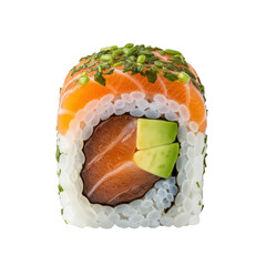 Salmon Avocado Sushi Roll with Chives on Background maki